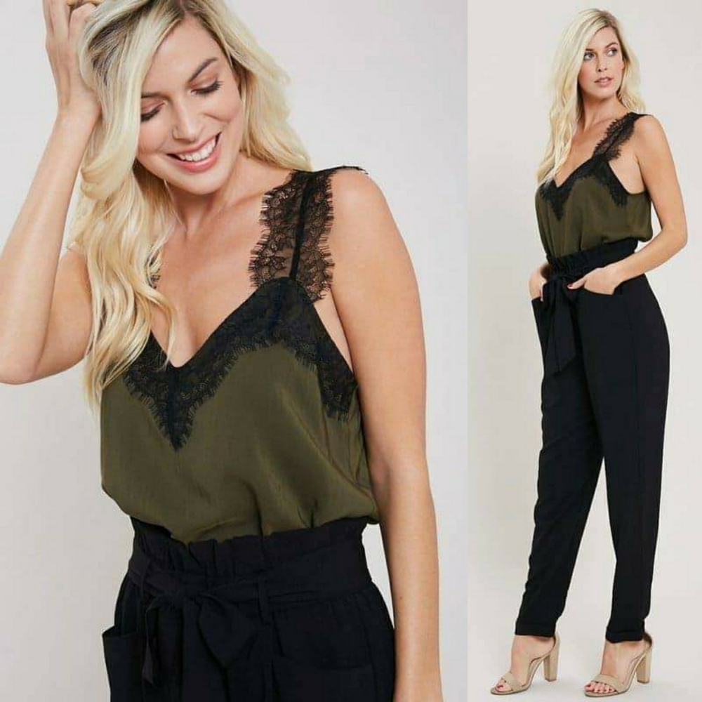 Upscale Eyelash Lace Trim Olive Sleeveless Blouse